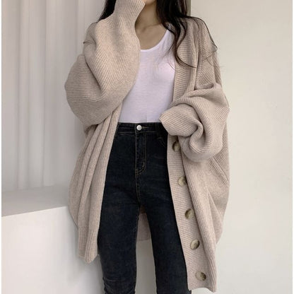 V-Neck Ribbed Oversized Button-Up Cardigan