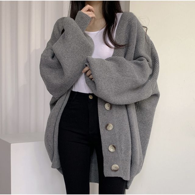 V-Neck Ribbed Oversized Button-Up Cardigan