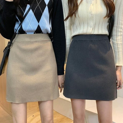 Ribbed Knit Mini Skirt with Straight Silhouette and High Rise
