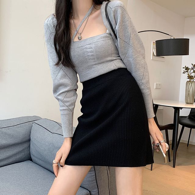 Ribbed Knit Mini Skirt with Straight Silhouette and High Rise