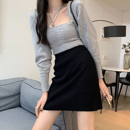 Ribbed Knit Mini Skirt with Straight Silhouette and High Rise