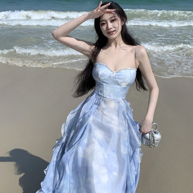 Thin Strap Sweetheart Ruffle Plain Maxi A-Line Dress