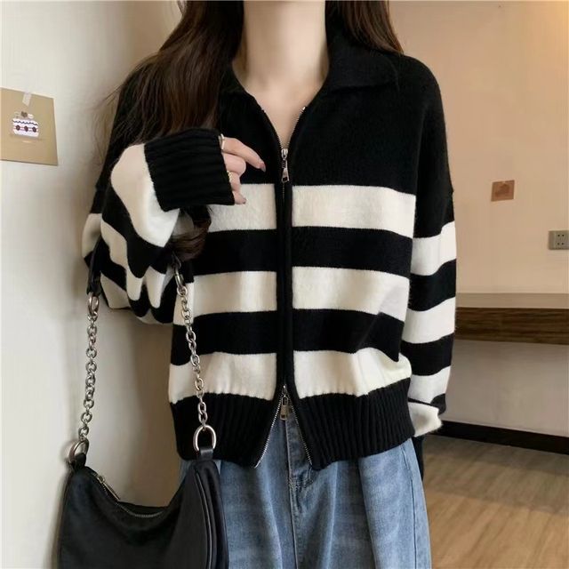 Collar Striped Zip Knit Cardigan