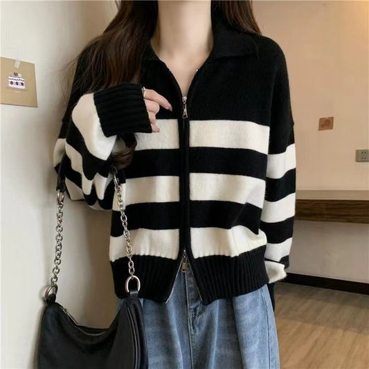 Collar Striped Zip Knit Cardigan