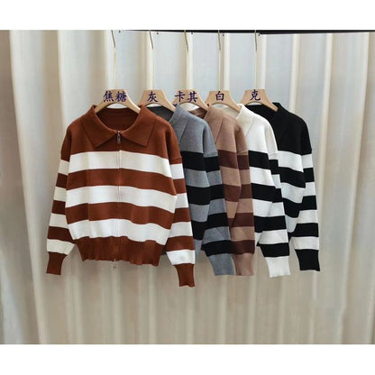 Collar Striped Zip Knit Cardigan