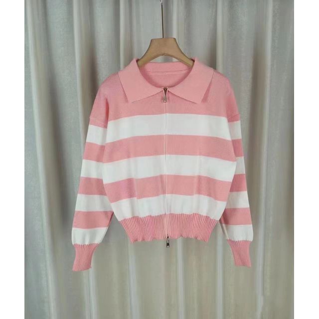 Collar Striped Zip Knit Cardigan