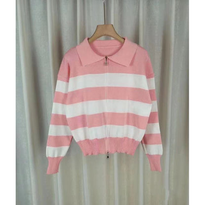 Collar Striped Zip Knit Cardigan