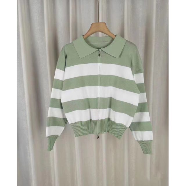 Collar Striped Zip Knit Cardigan
