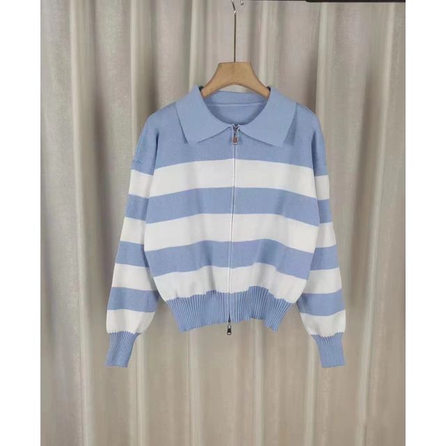Collar Striped Zip Knit Cardigan