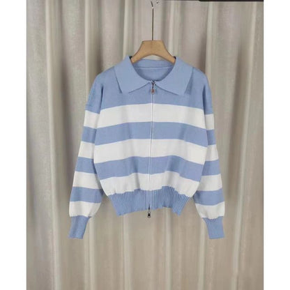 Collar Striped Zip Knit Cardigan