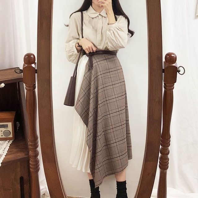 Contrast Stitched Button Shirt with Plaid Asymmetrical Pleated Midi Skirt and Belt Set