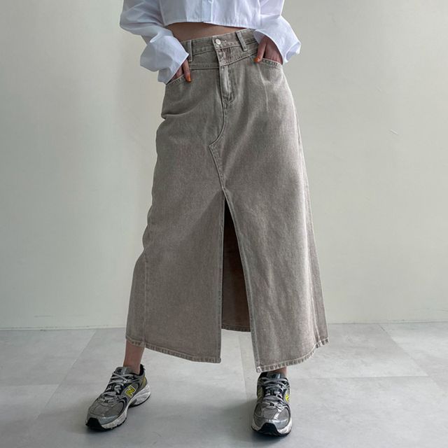 High-Waist Front-Slit Denim Maxi A-Line Skirt