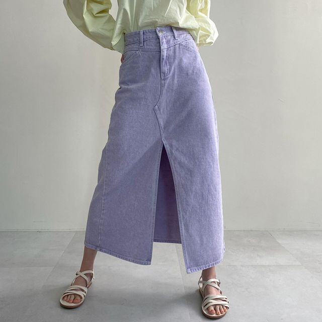 High-Waist Front-Slit Denim Maxi A-Line Skirt