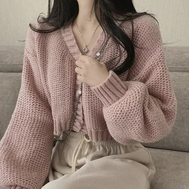 V-Neck Crop Button-Up Cardigan