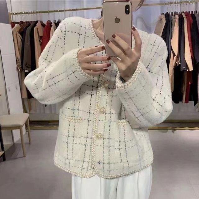 Plaid Braided Trim Pearl Button Cardigan