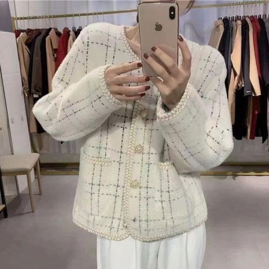 Plaid Braided Trim Pearl Button Cardigan