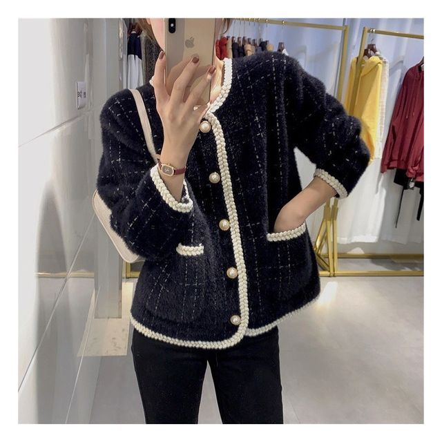 Plaid Braided Trim Pearl Button Cardigan