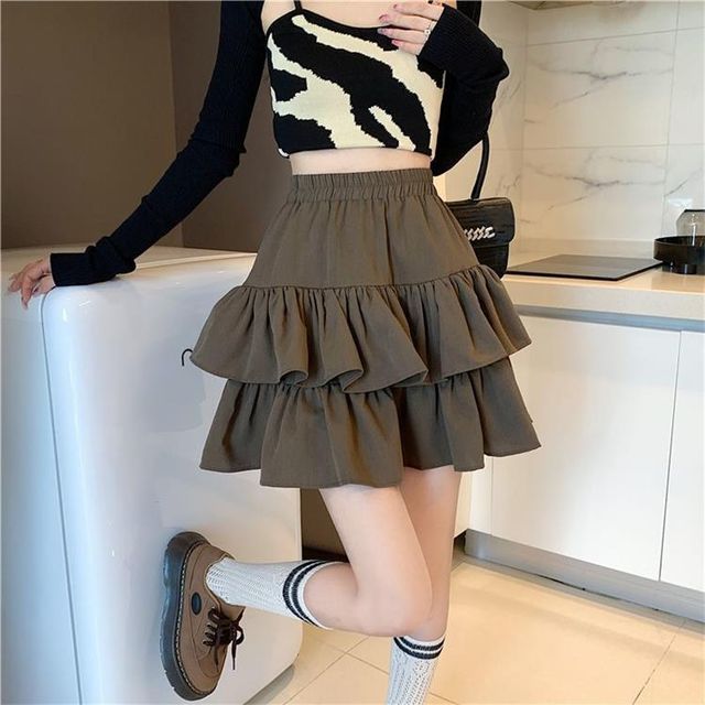 Tiered Mini Skirt with Elastic Waistband and Plain Texture