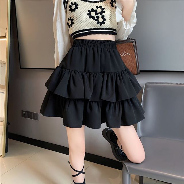Tiered Mini Skirt with Elastic Waistband and Plain Texture