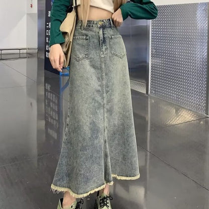 Mermaid Denim Midi Skirt with Frayed Hem and Washed Finish