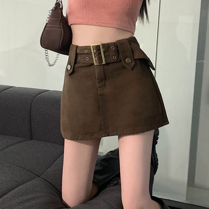 Belted Denim Mini Skirt with Waist Accent