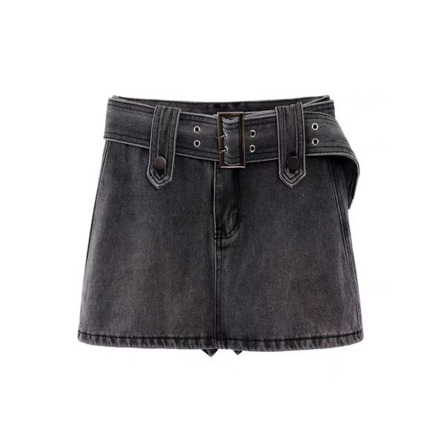 Belted Denim Mini Skirt with Waist Accent