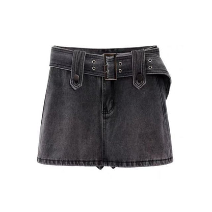 Belted Denim Mini Skirt with Waist Accent