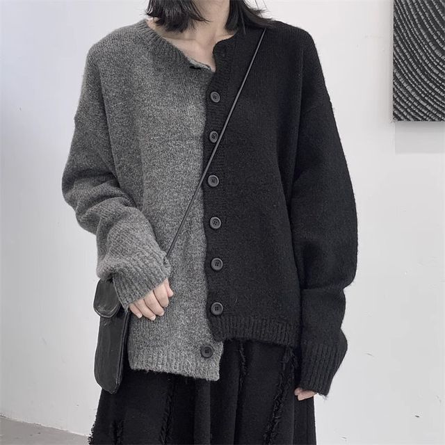 Round Neck Two Tone Asymmetrical Cardigan