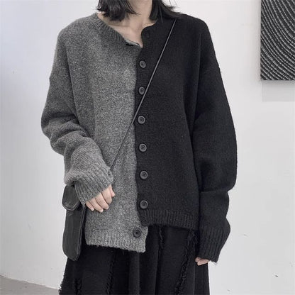 Round Neck Two Tone Asymmetrical Cardigan