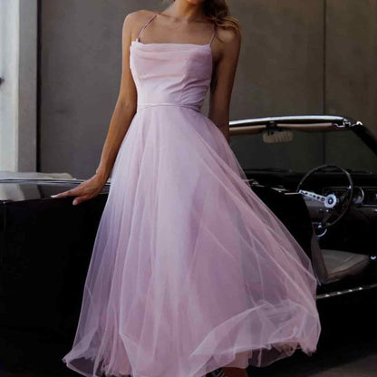 Thin Strap Cowl Neck Tie Waist Mesh Midi A-Line Dress