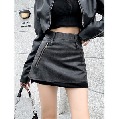 Faux Leather Mini A-Line Skirt with Zip Accent and Mock Two-Piece