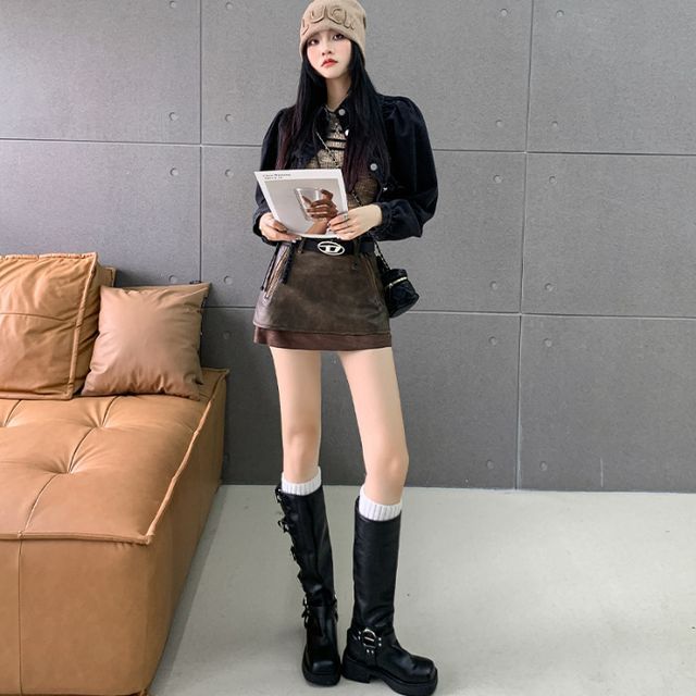 Faux Leather Mini A-Line Skirt with Zip Accent and Mock Two-Piece