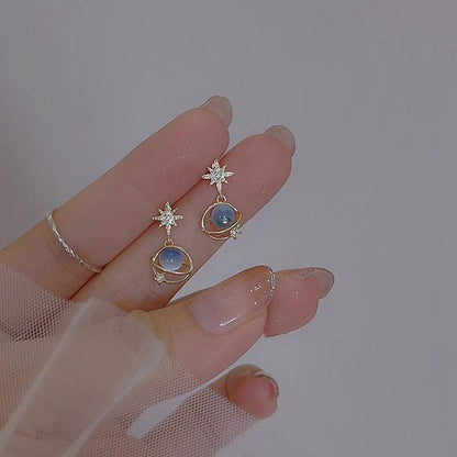 Drop Alloy Earring Faux Planet Stone Eye Rhinestone Star Cat