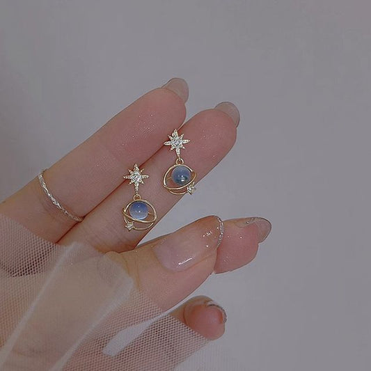 Drop Alloy Earring Faux Planet Stone Eye Rhinestone Star Cat