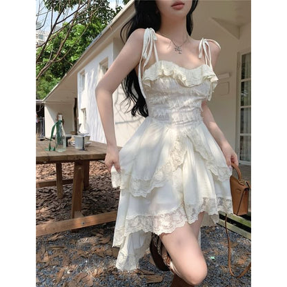 Button-Front Crop Jacket & Lace-Trim Layered A-Line Dress