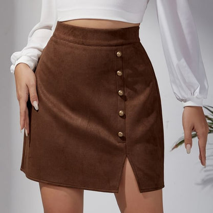 Button-Accent Slit Mini Pencil Skirt with High-Waist Fit
