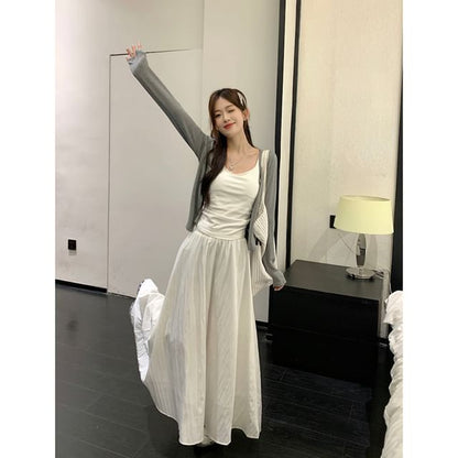 Scoop Neck Tank Top, High-Waist Maxi A-Line Skirt, and Light Jacket