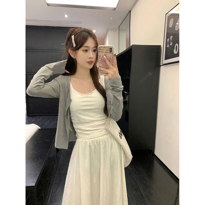Scoop Neck Tank Top, High-Waist Maxi A-Line Skirt, and Light Jacket