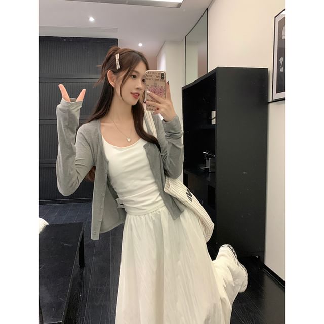 Scoop Neck Tank Top, High-Waist Maxi A-Line Skirt, and Light Jacket