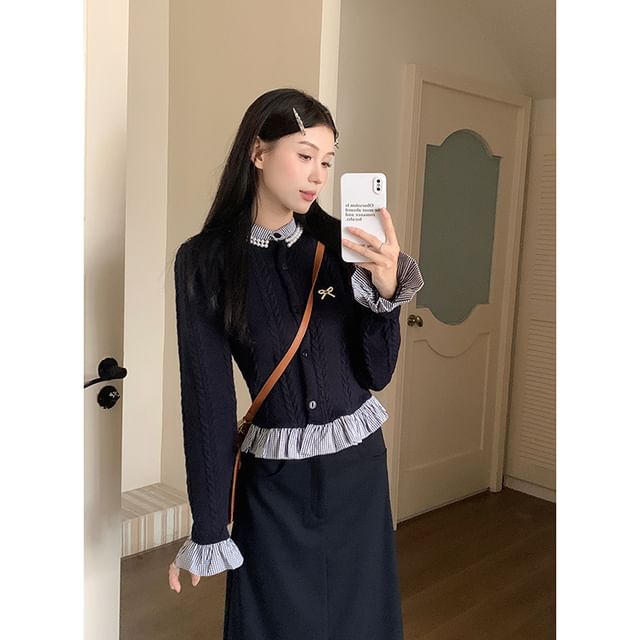 High-Waist Maxi A-Line Skirt, Ruffle Cardigan, and Bow Brooch Set