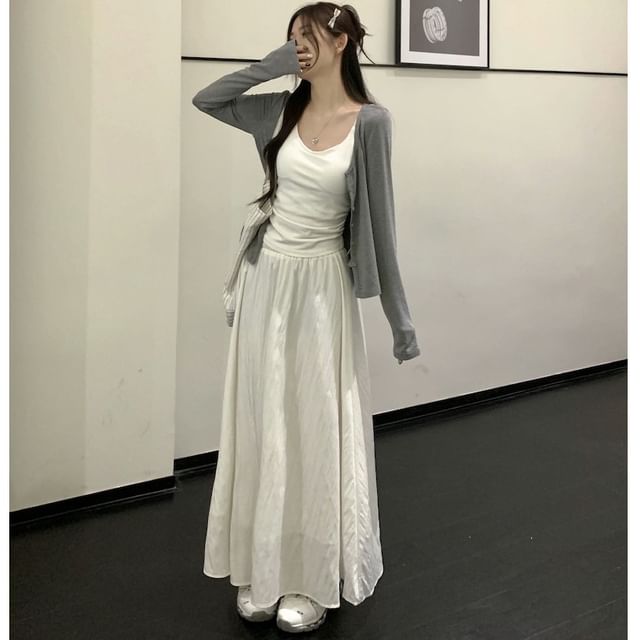 Scoop Neck Tank Top, High-Waist Maxi A-Line Skirt, and Light Jacket