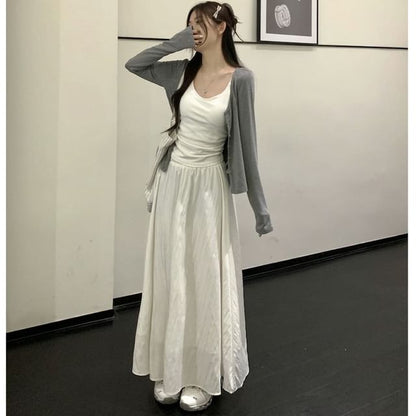 Scoop Neck Tank Top, High-Waist Maxi A-Line Skirt, and Light Jacket
