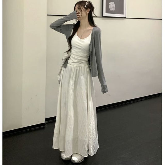 Scoop Neck Tank Top, High-Waist Maxi A-Line Skirt, and Light Jacket