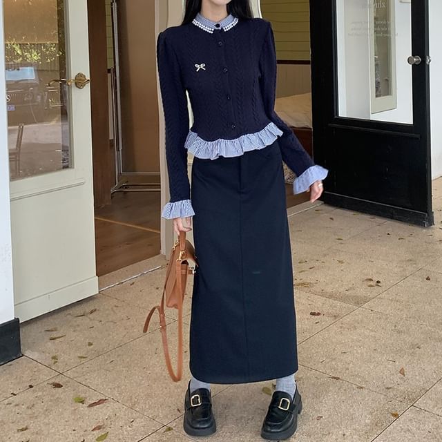 High-Waist Maxi A-Line Skirt, Ruffle Cardigan, and Bow Brooch Set