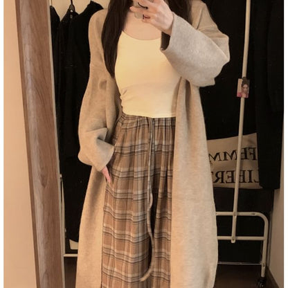 Solid Front-Open Cardigan & High-Waist Checkered Trousers