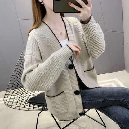 Contrast Trim Button-Up Cardigan