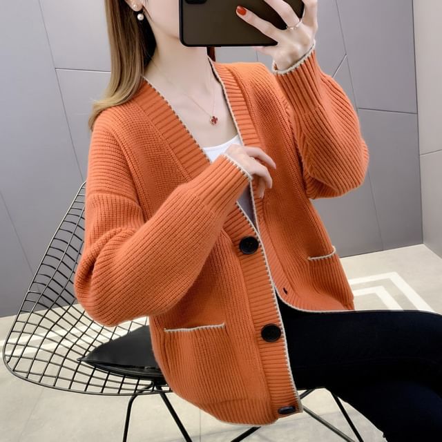 Contrast Trim Button-Up Cardigan