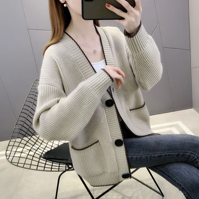 Contrast Trim Button-Up Cardigan