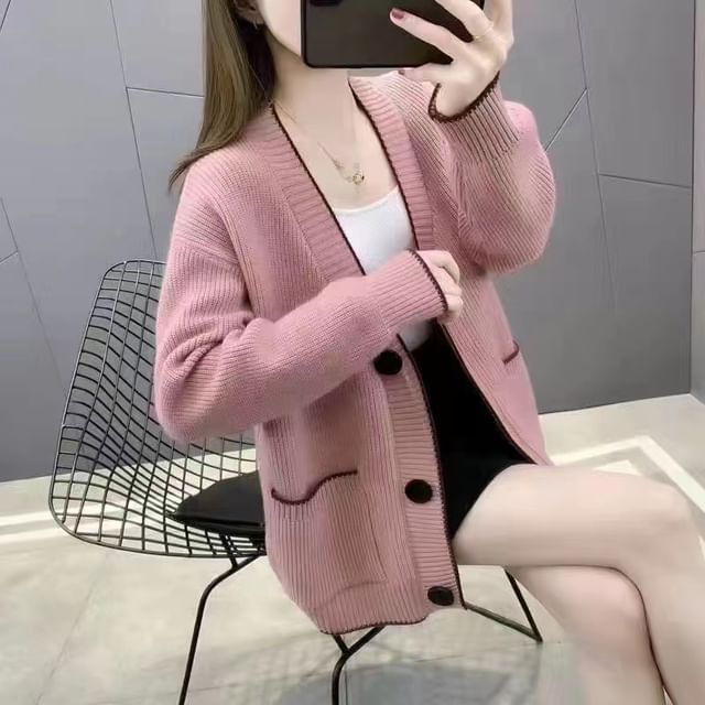 Contrast Trim Button-Up Cardigan
