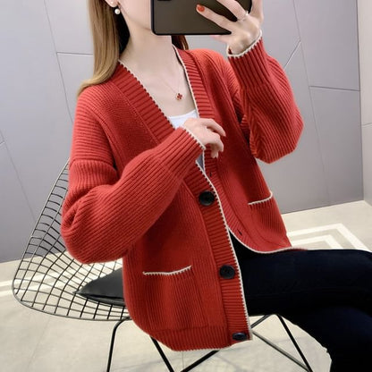 Contrast Trim Button-Up Cardigan